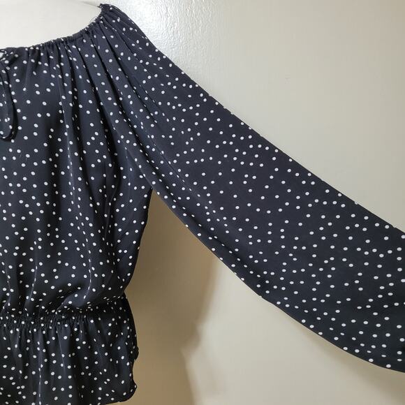 Ellen Tracy Women's Black Polka Dot Smocked Waist Blouse Top Scoop Neck Large - Picture 6 of 10